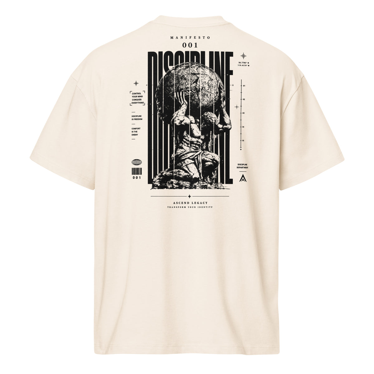 Camiseta boxy Ascend Legacy MANIFESTO 001 DISCIPLINE para hombre vintage white, vista trasera con diseño gráfico.