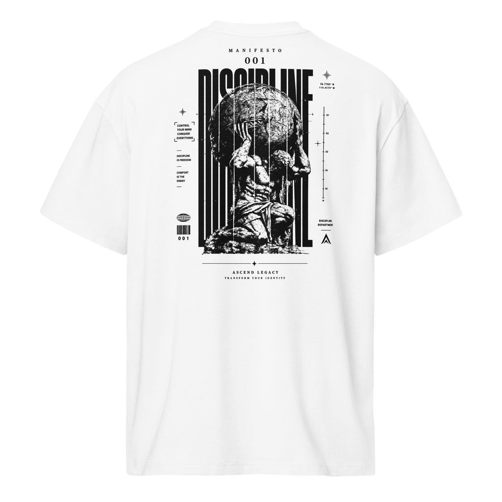 Camiseta boxy Ascend Legacy MANIFESTO 001 DISCIPLINE para hombre, vista trasera con diseño gráfico.