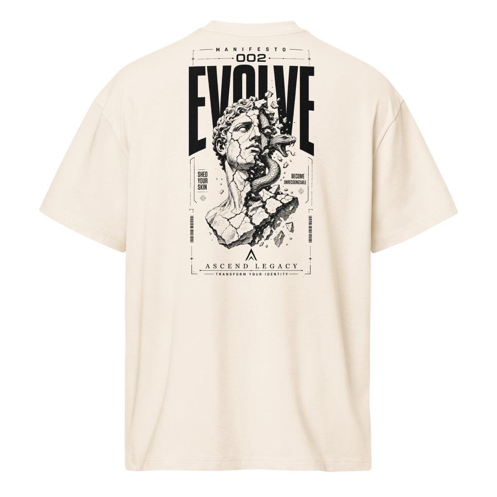 Camiseta boxy Ascend Legacy MANIFESTO 002 EVOLVE para hombre vintage white, vista trasera con diseño gráfico.
