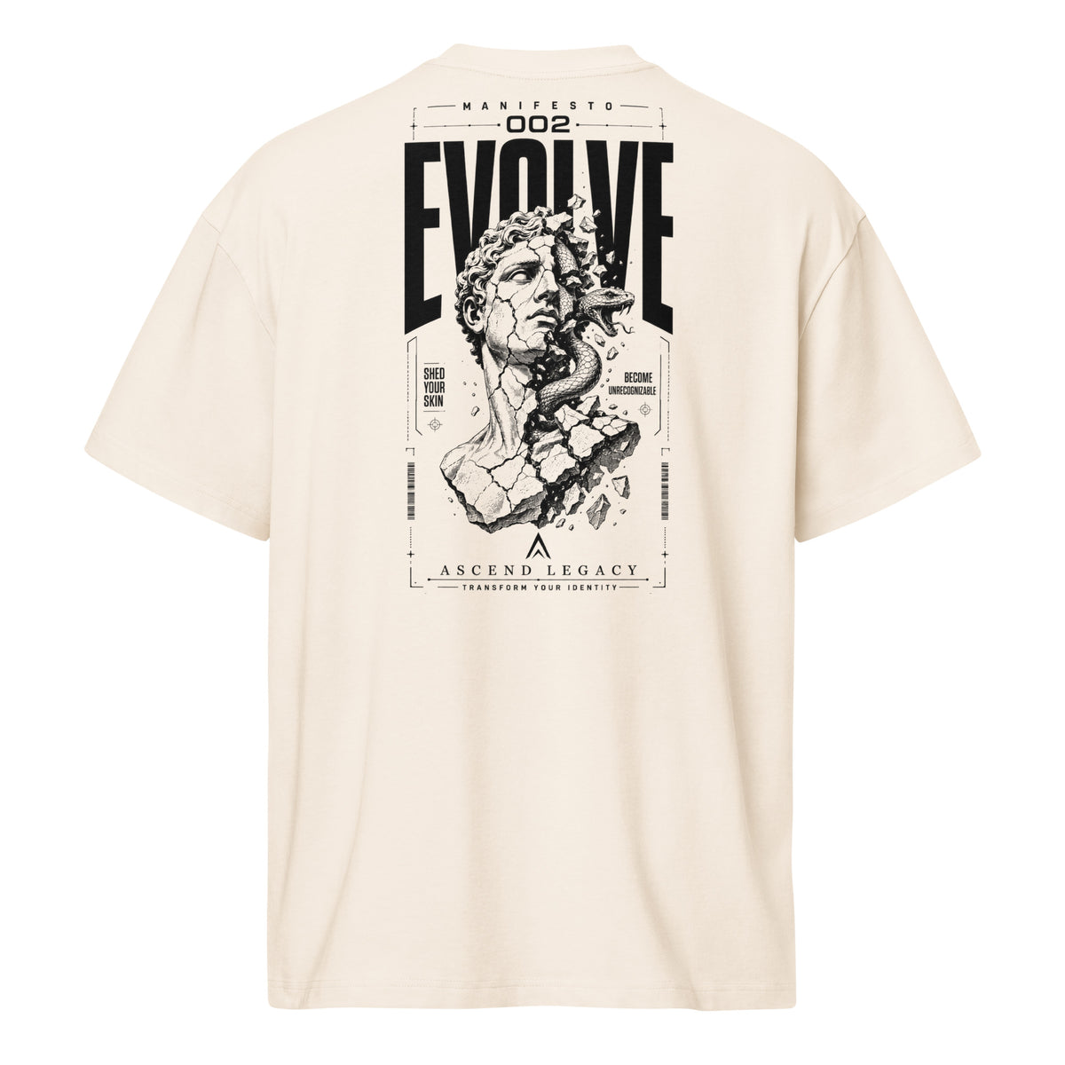 Camiseta boxy Ascend Legacy MANIFESTO 002 EVOLVE para hombre vintage white, vista trasera con diseño gráfico.