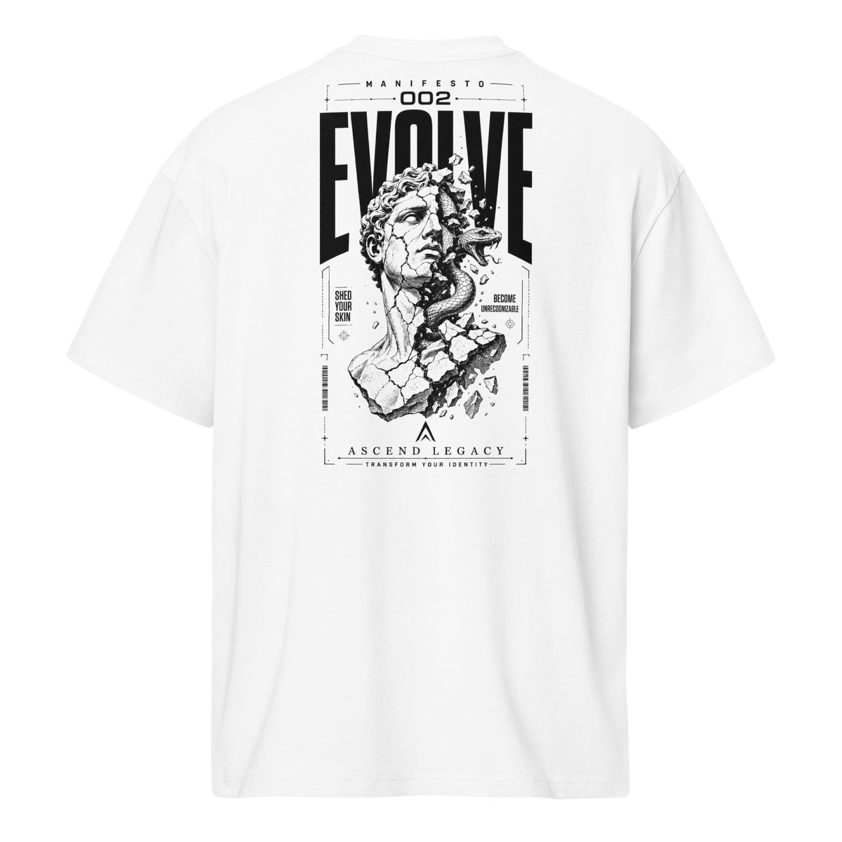 Camiseta boxy Ascend Legacy MANIFESTO 002 EVOLVE para hombre, vista trasera con diseño gráfico.