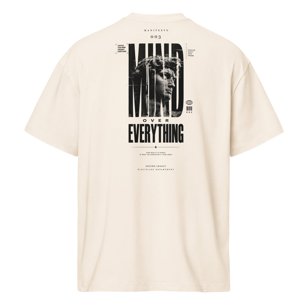 Camiseta boxy Ascend Legacy MANIFESTO 003 MIND OVER EVERYTHING para hombre vintage white, vista trasera con diseño gráfico.