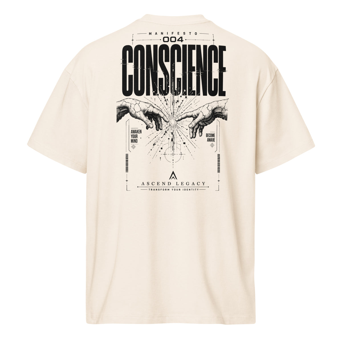 Camiseta boxy Ascend Legacy MANIFESTO 004 CONSCIENCE para hombre vintage white, vista trasera.