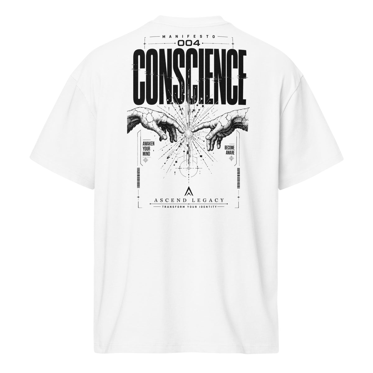Camiseta boxy Ascend Legacy MANIFESTO 004 CONSCIENCE para hombre, vista trasera con diseño gráfico.