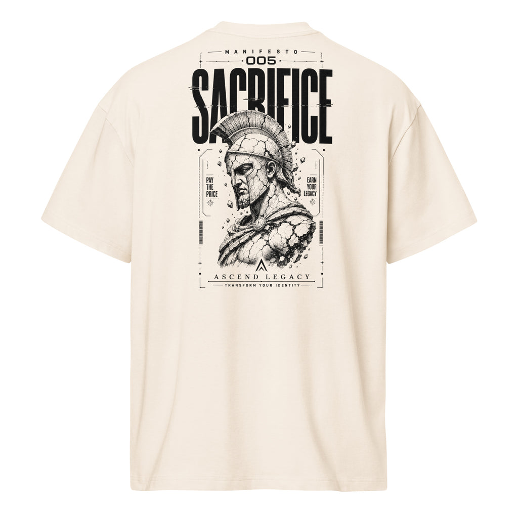 Camiseta boxy Ascend Legacy MANIFESTO 005 SACRIFICE para hombre vintage white, vista trasera con diseño gráfico.
