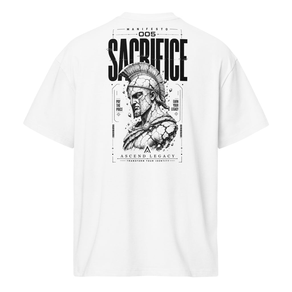 Camiseta boxy Ascend Legacy MANIFESTO 005 SACRIFICE para hombre, vista trasera con diseño gráfico.