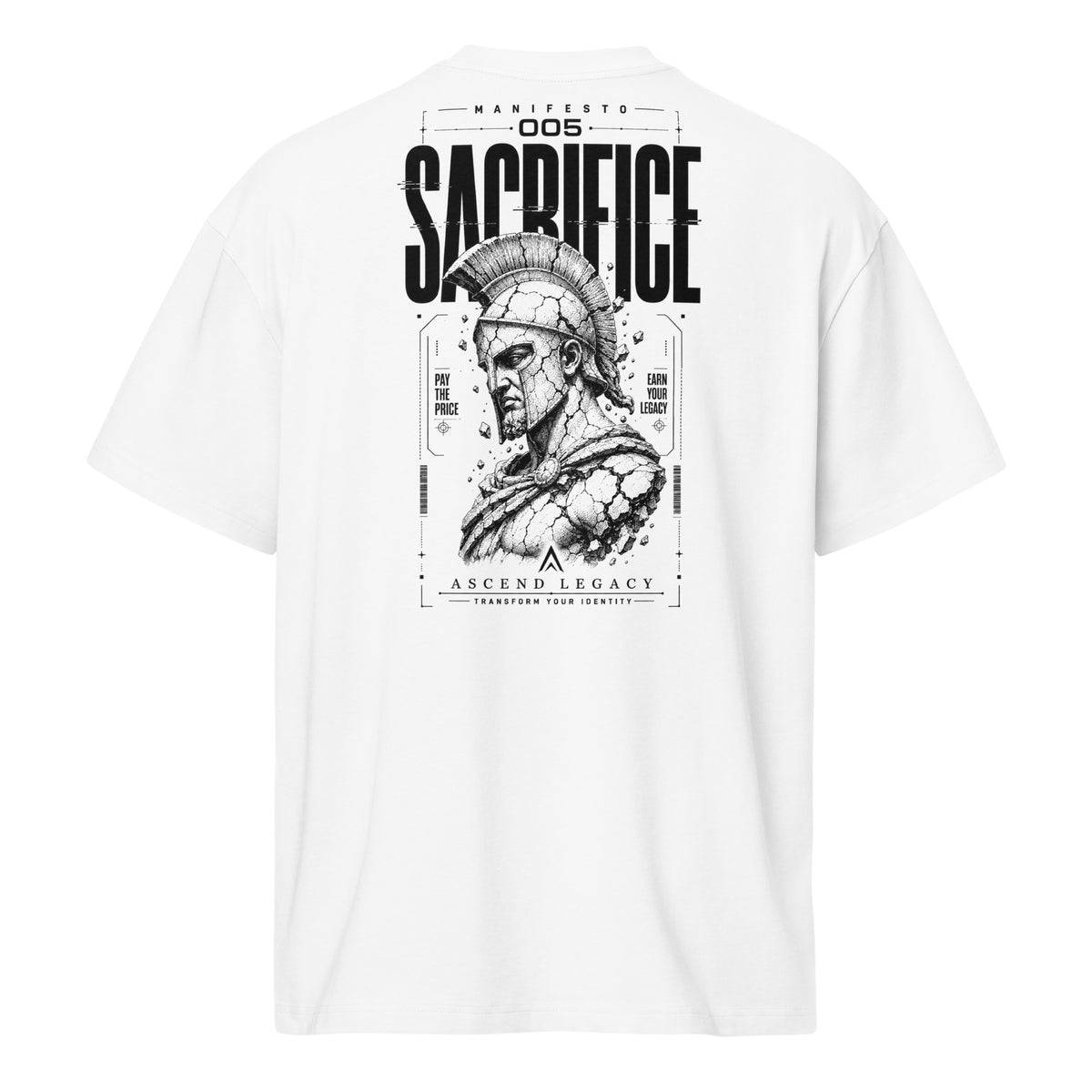 Camiseta boxy Ascend Legacy MANIFESTO 005 SACRIFICE para hombre, vista trasera con diseño gráfico.