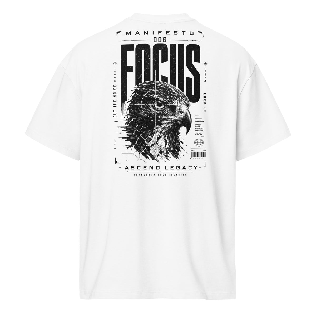 Camiseta boxy Ascend Legacy MANIFESTO 006 FOCUS para hombre, vista trasera con diseño gráfico.