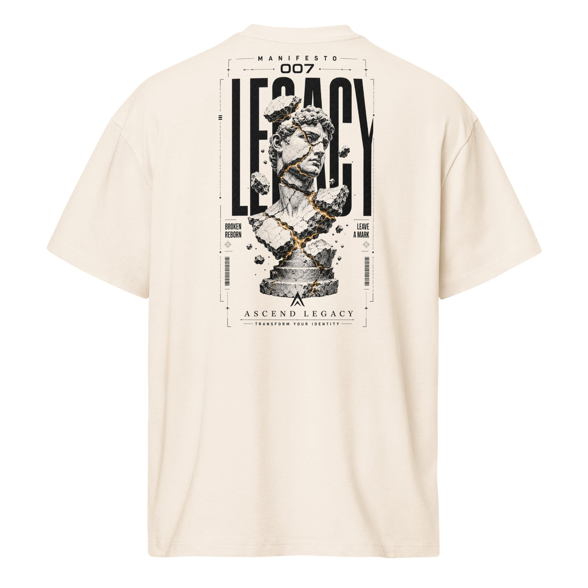 Camiseta boxy Ascend Legacy MANIFESTO 007 LEGACY para hombre vintage white, vista trasera.