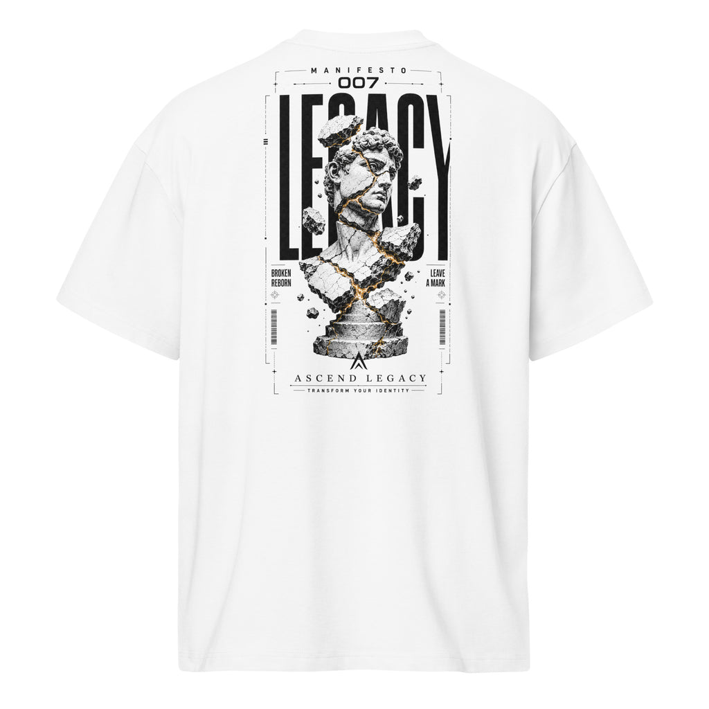Camiseta boxy Ascend Legacy MANIFESTO 007 LEGACY para hombre, vista trasera con diseño gráfico.