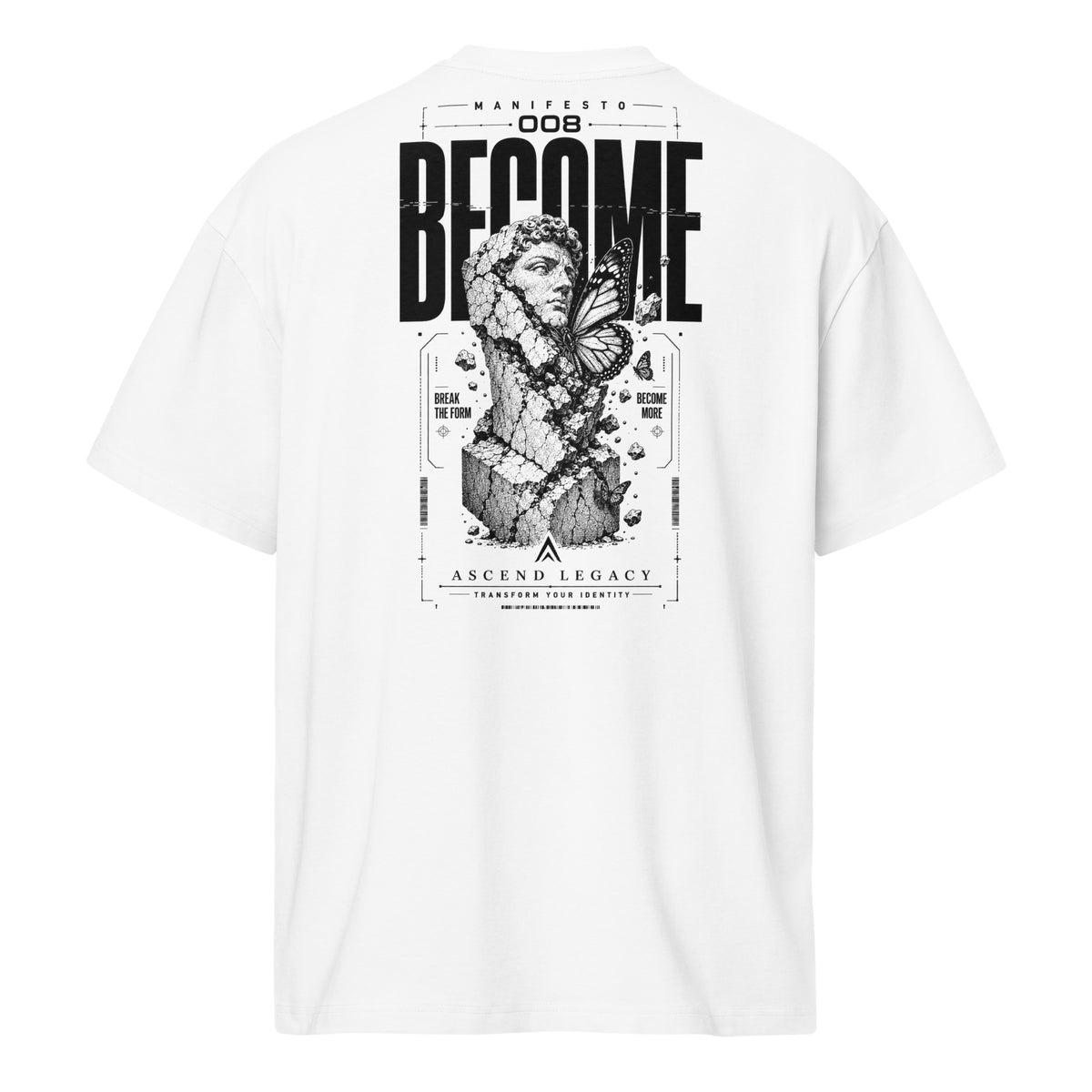 Camiseta boxy Ascend Legacy MANIFESTO 008 BECOME para hombre, vista trasera con diseño gráfico.