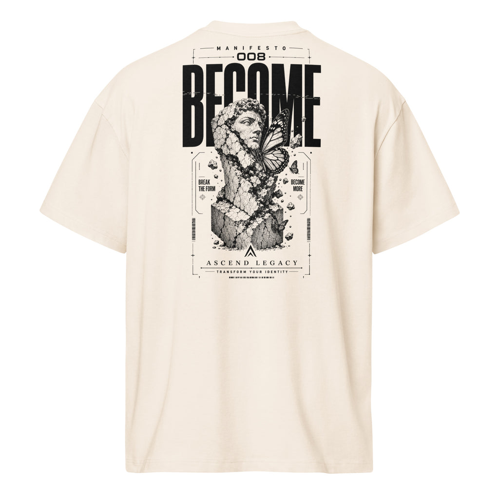 Camiseta boxy Ascend Legacy MANIFESTO 008 BECOME para hombre vintage white, vista trasera con diseño gráfico.