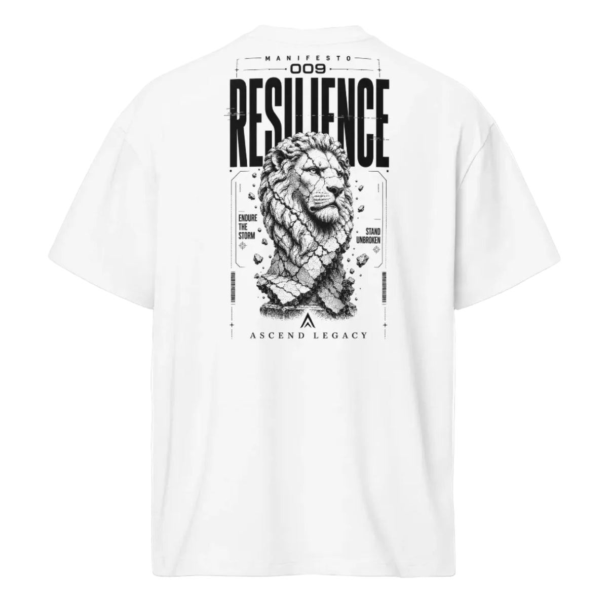 Camiseta boxy Ascend Legacy MANIFESTO 009 RESILIENCE para hombre, vista trasera con diseño gráfico.