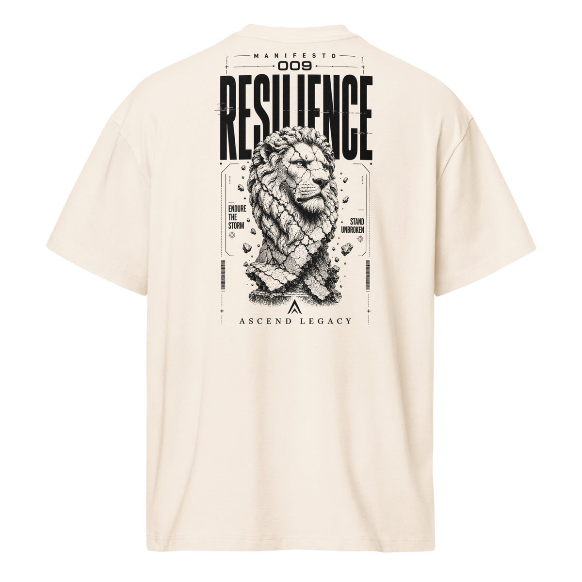 Camiseta boxy Ascend Legacy MANIFESTO 009 RESILIENCE para hombre vintage withe, vista trasera con diseño gráfico.